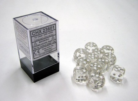 Translucent Clear/white D6 16mm Dobbelsteen Set (12 stuks)