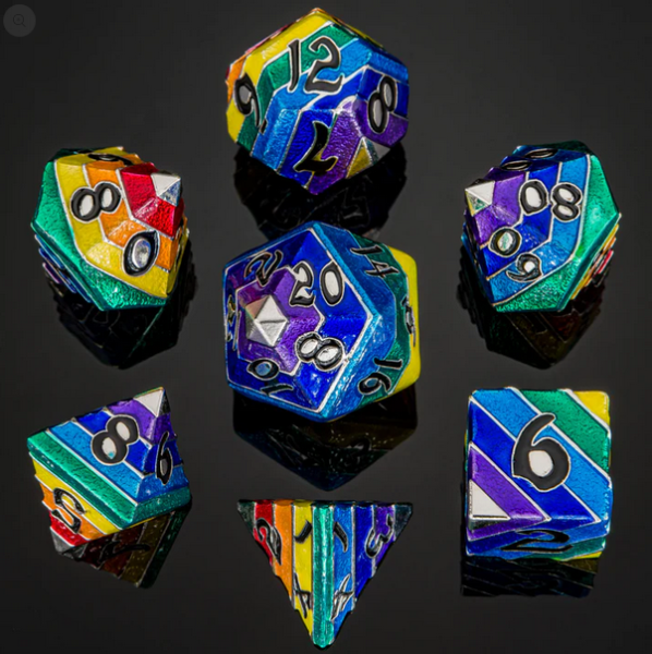 Pride Rainbow Metal Silver w/black numbers Dice Set (7)