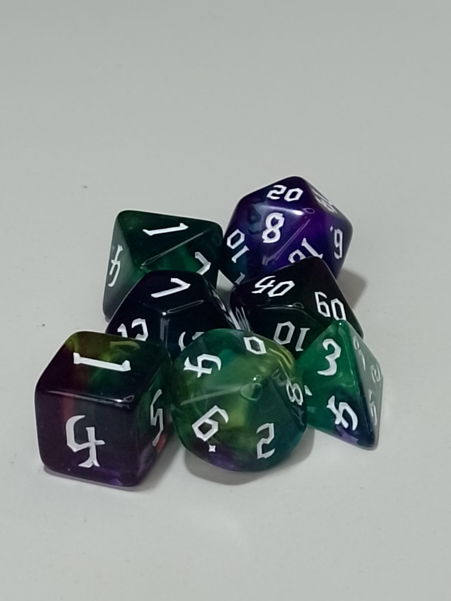 RPG Dice set (7) gemarmerd in groen/blauw/turquoise