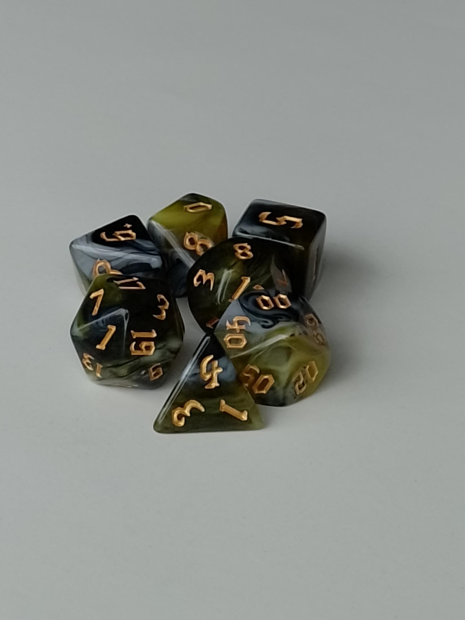 RPG Dice set (7) gemarmerd in geel/grijs/zwart