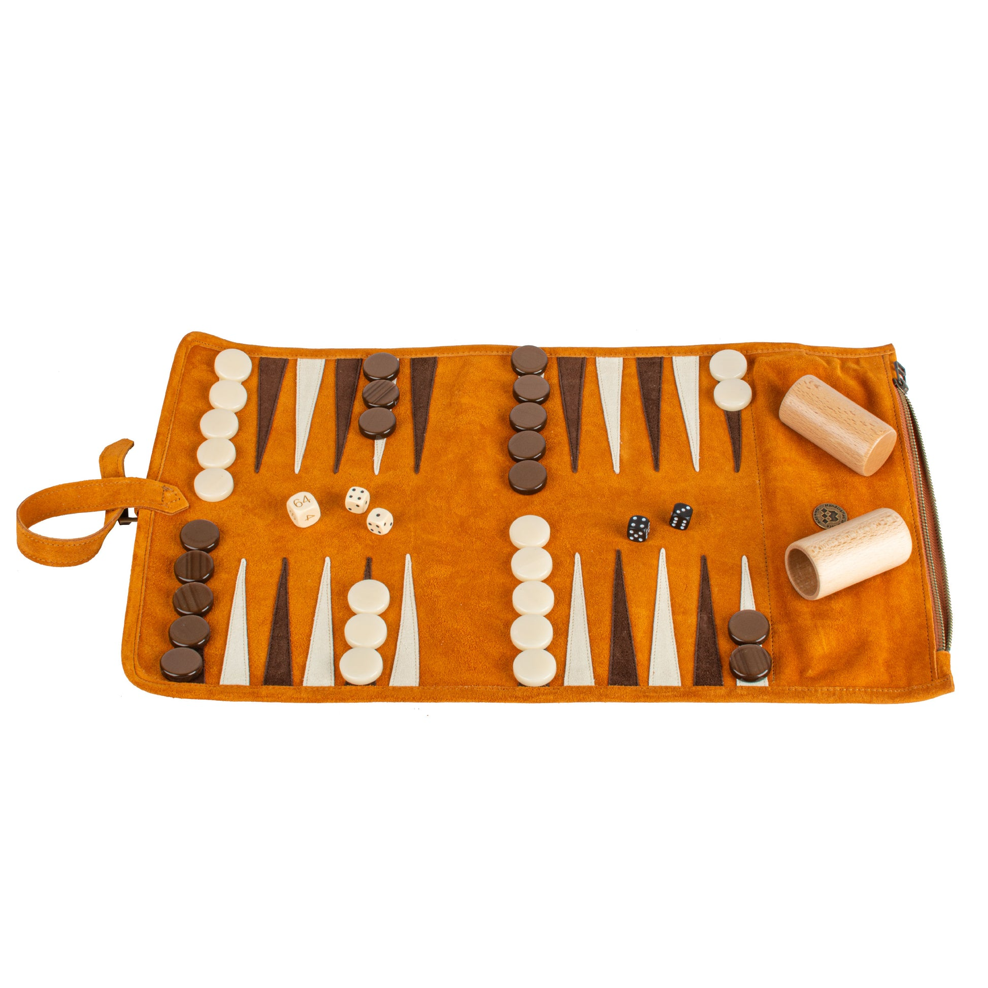 Premium handgemaakte kaneelbruine suède oprolbare backgammonset