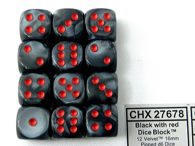 Velvet Black/red D6 16mm Dobbelsteen Set (12 stuks)