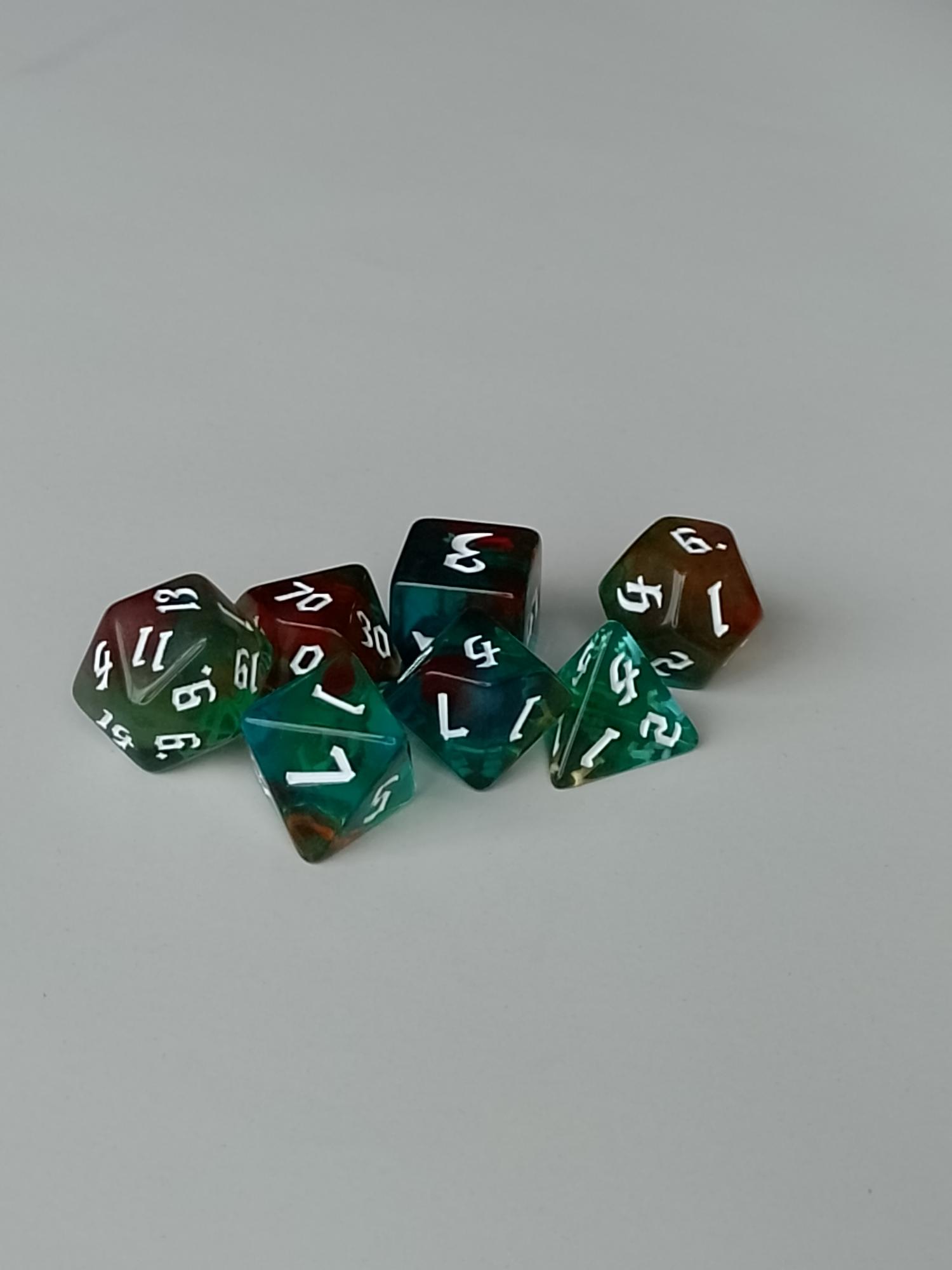  RPG Dice set (7) gemarmerd in groen/min/bruin