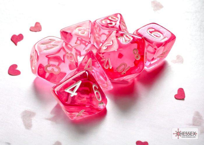 Translucent Mini-Polyhedral Pink/white Dobbelsteen Set (7 stuks)