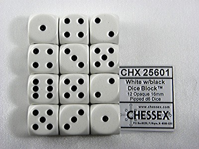 Opaque White/black D6 16mm Dobbelsteen Set (12 stuks)