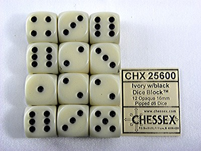 Opaque Ivory/black D6 16mm Dobbelsteen Set (12 stuks)