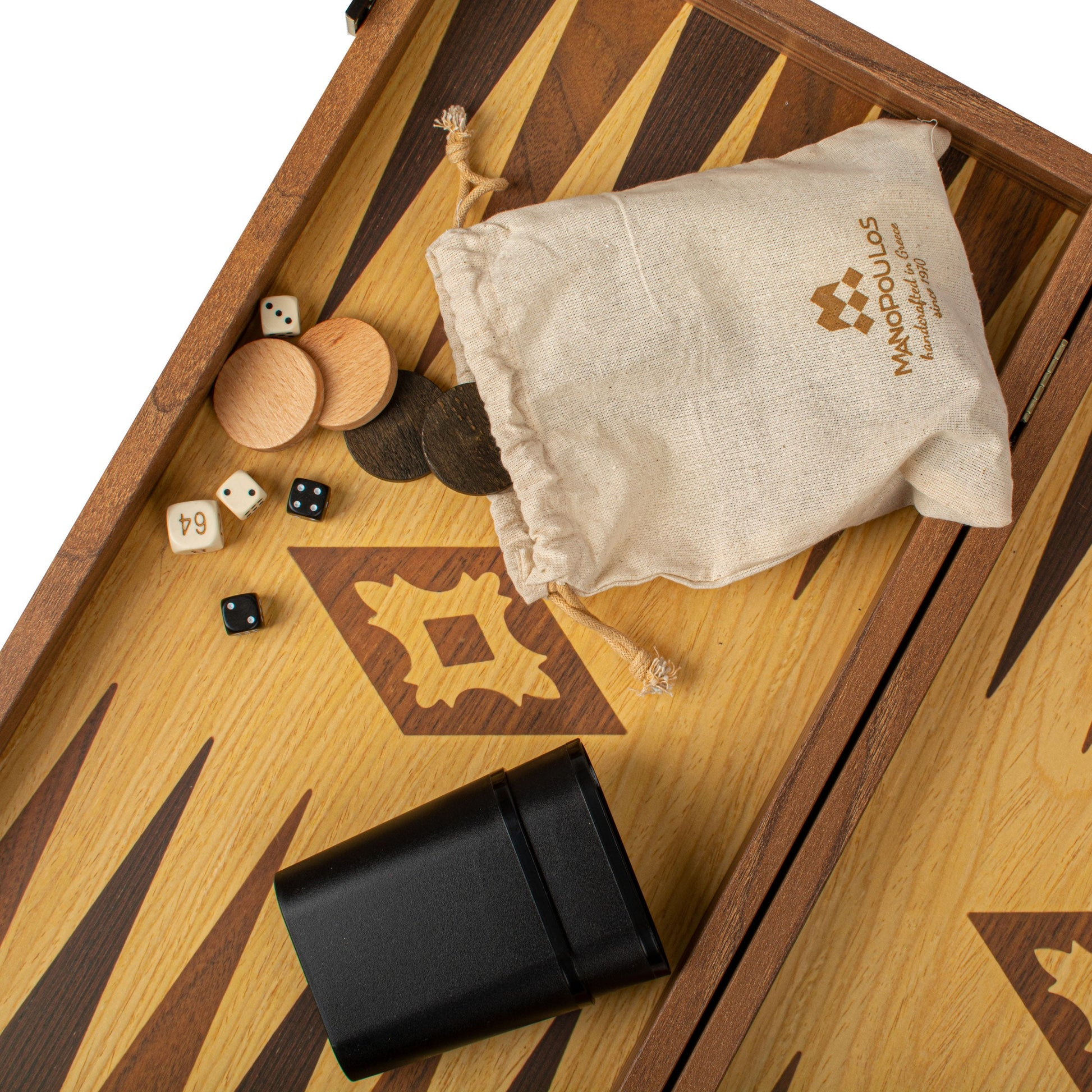 Handgemaakte replica backgammonset van eiken en walnoot