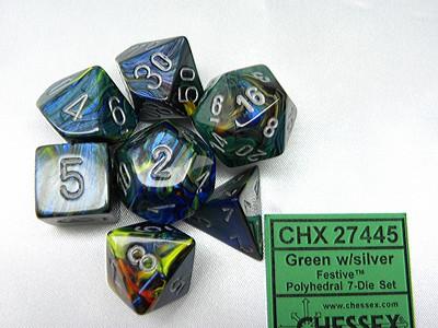 Festive Green/silver Polydice Dobbelsteen Set (7 stuks)