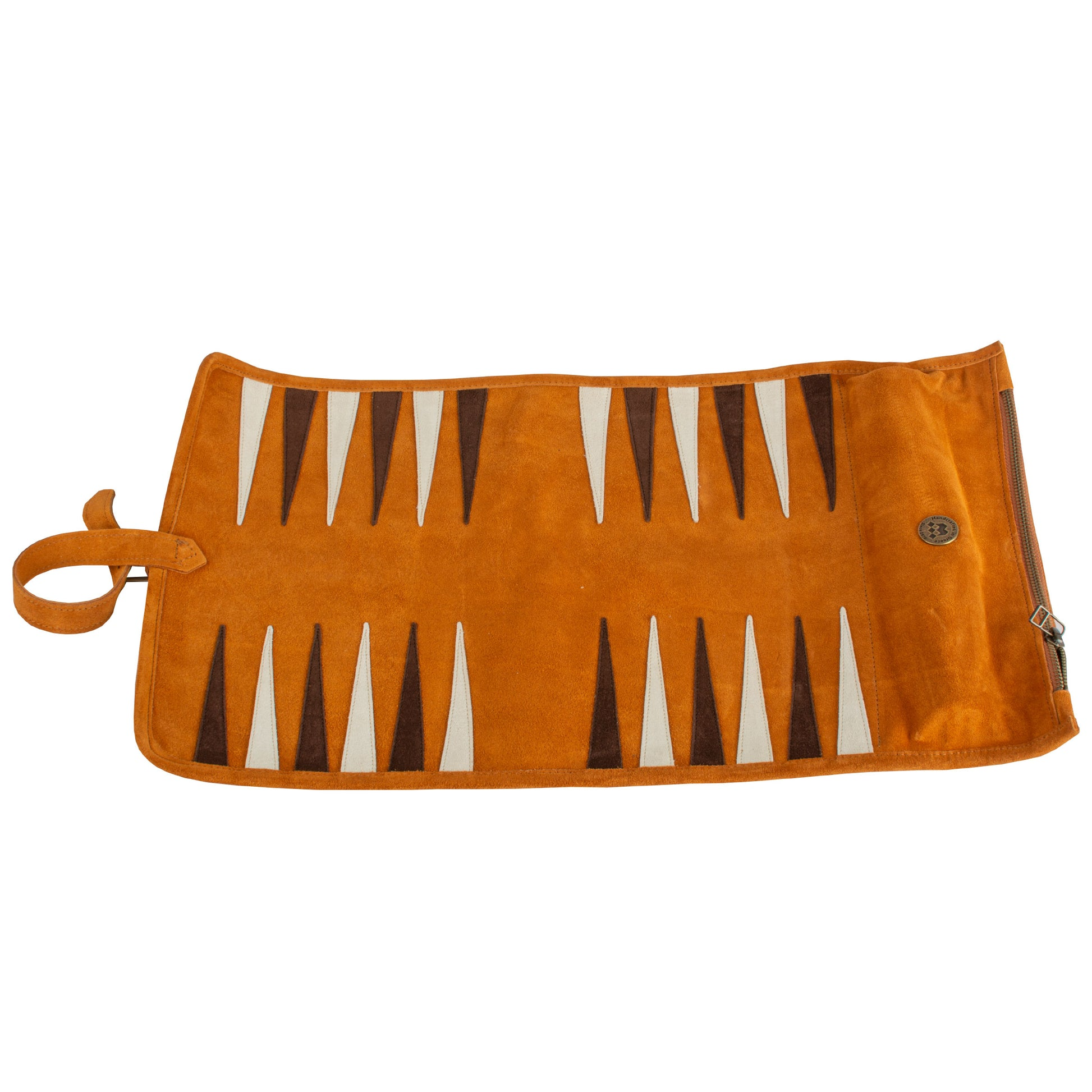 Premium handgemaakte kaneelbruine suède oprolbare backgammonset