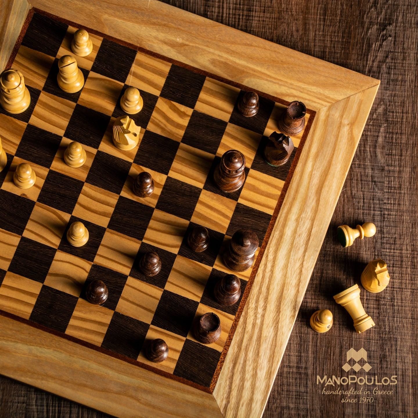 OLIVE BURL Chess set 40x40cm (Medium) with Staunton Chessmen 7,7cm Koning