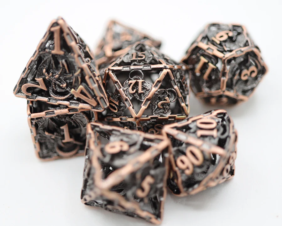 Chained Dragon Copper Hollow Metal RPG Dice Set (7)