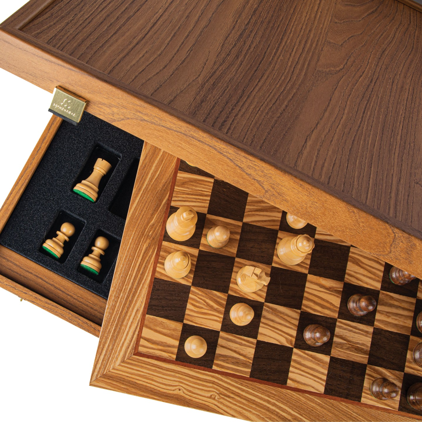 OLIVE BURL Chess set 40x40cm (Medium) with Staunton Chessmen 7,7cm Koning