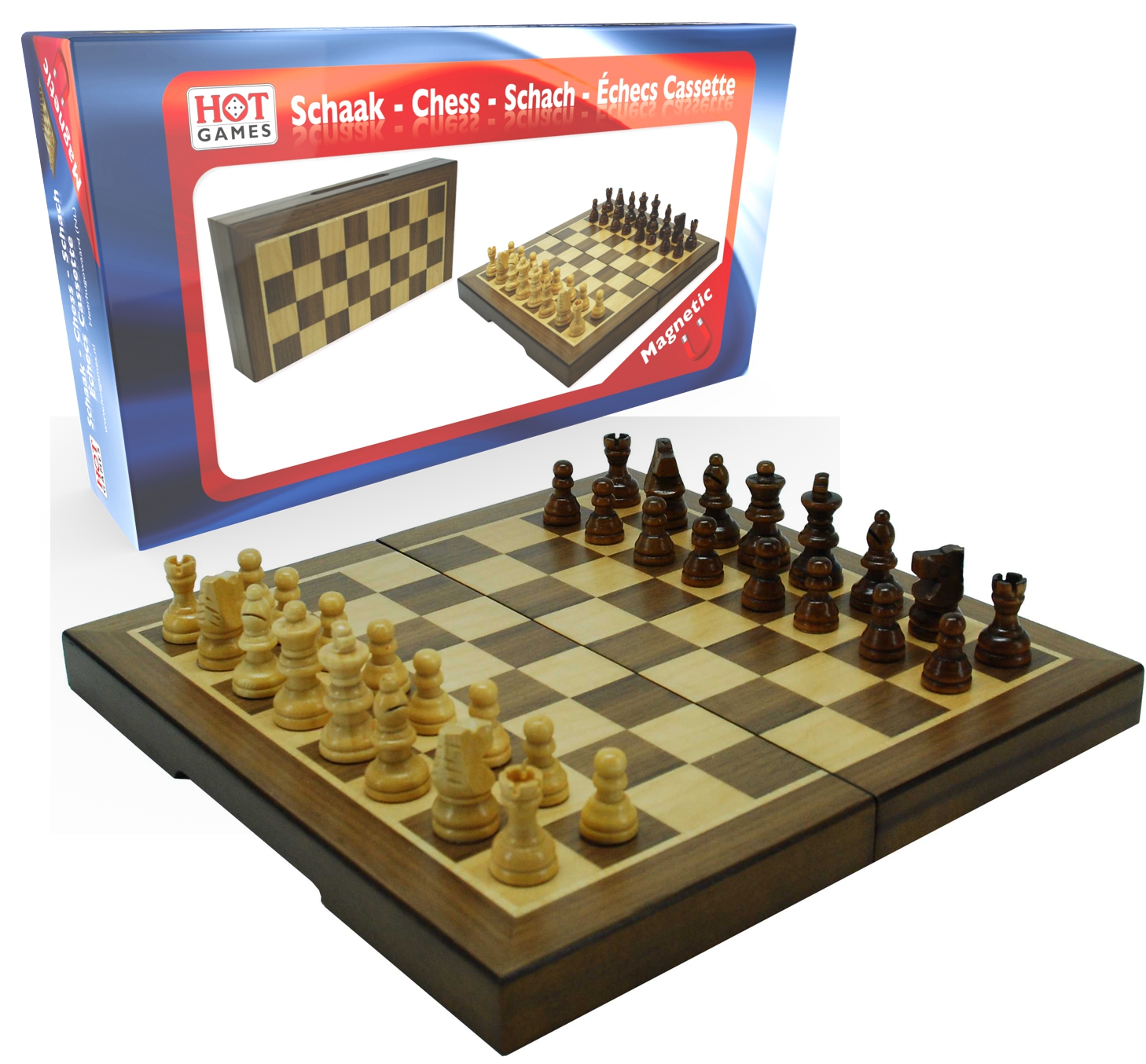 Schaakcasset Magnet. Walnoot 23x23x2 cm