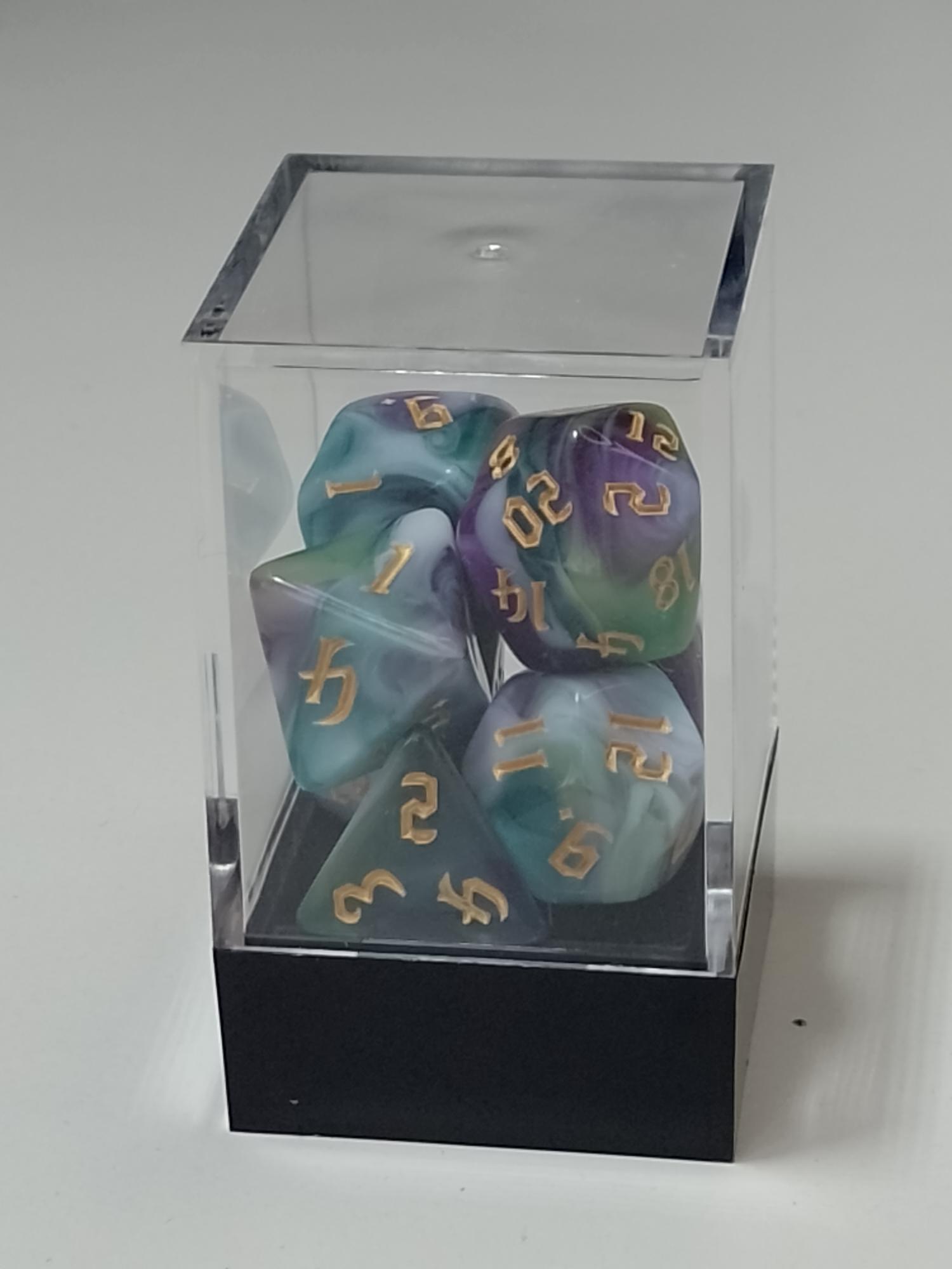  RPG Dice set (7) gemarmerd in wit/turquoise/mint