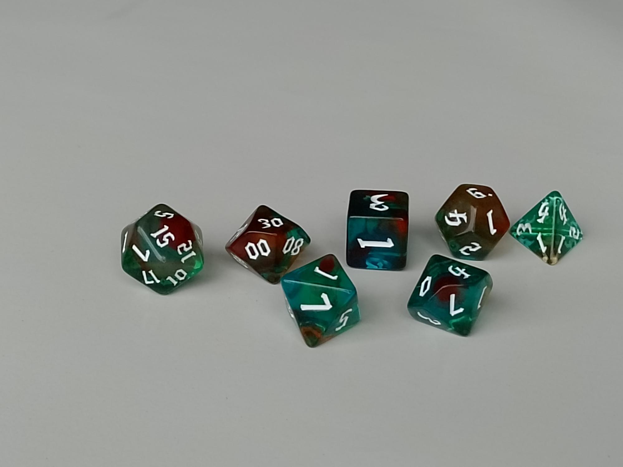  RPG Dice set (7) gemarmerd in groen/min/bruin