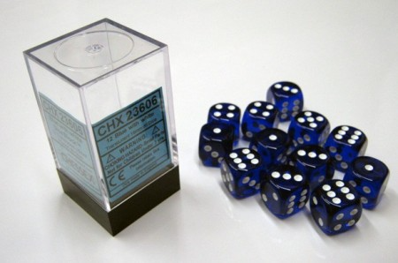 Translucent Blue/white D6 16mm Dobbelsteen Set (12 stuks)