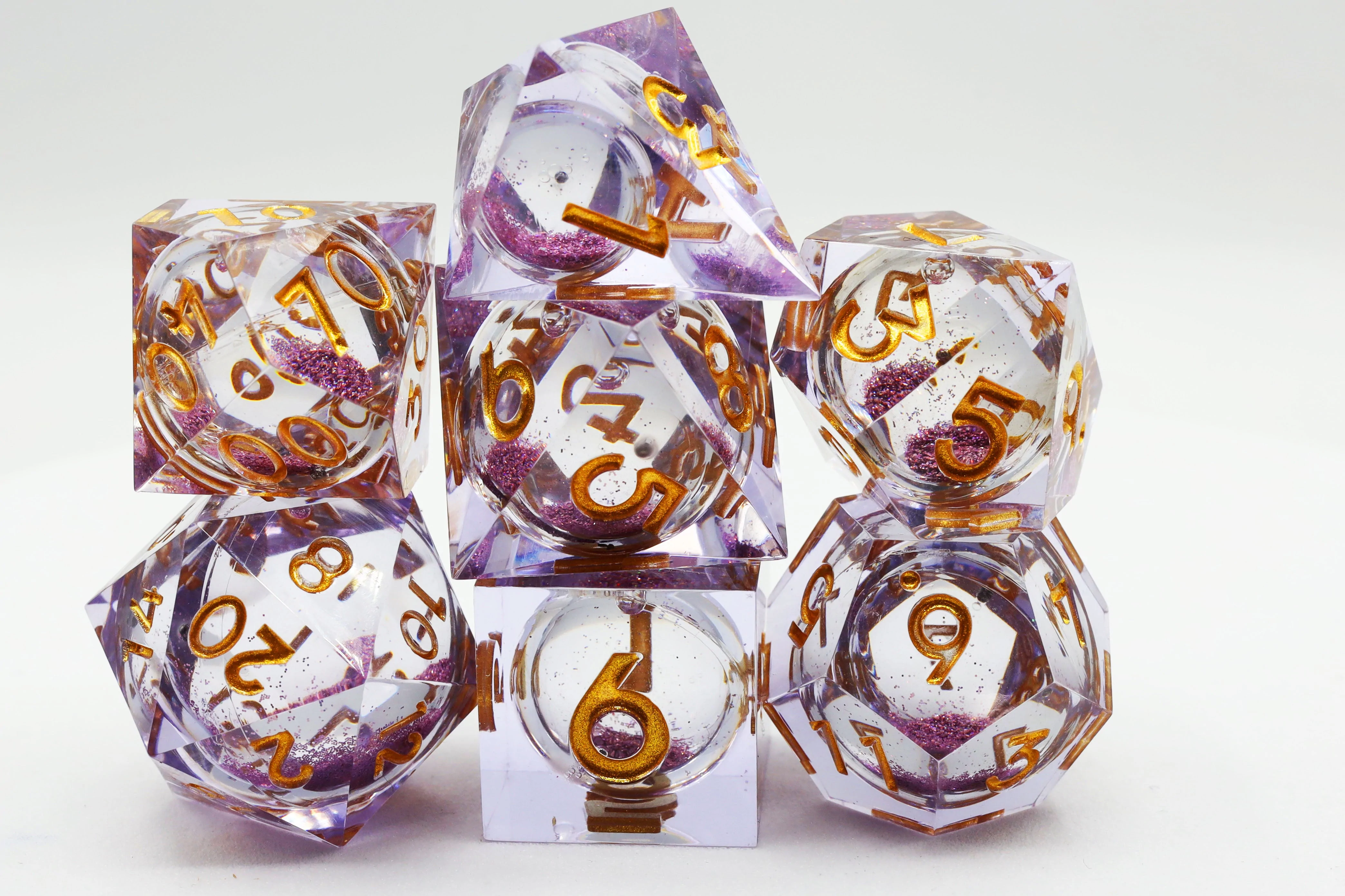 Purple Liquid Core Sharp Edge Resin RPG Dice Set (7)