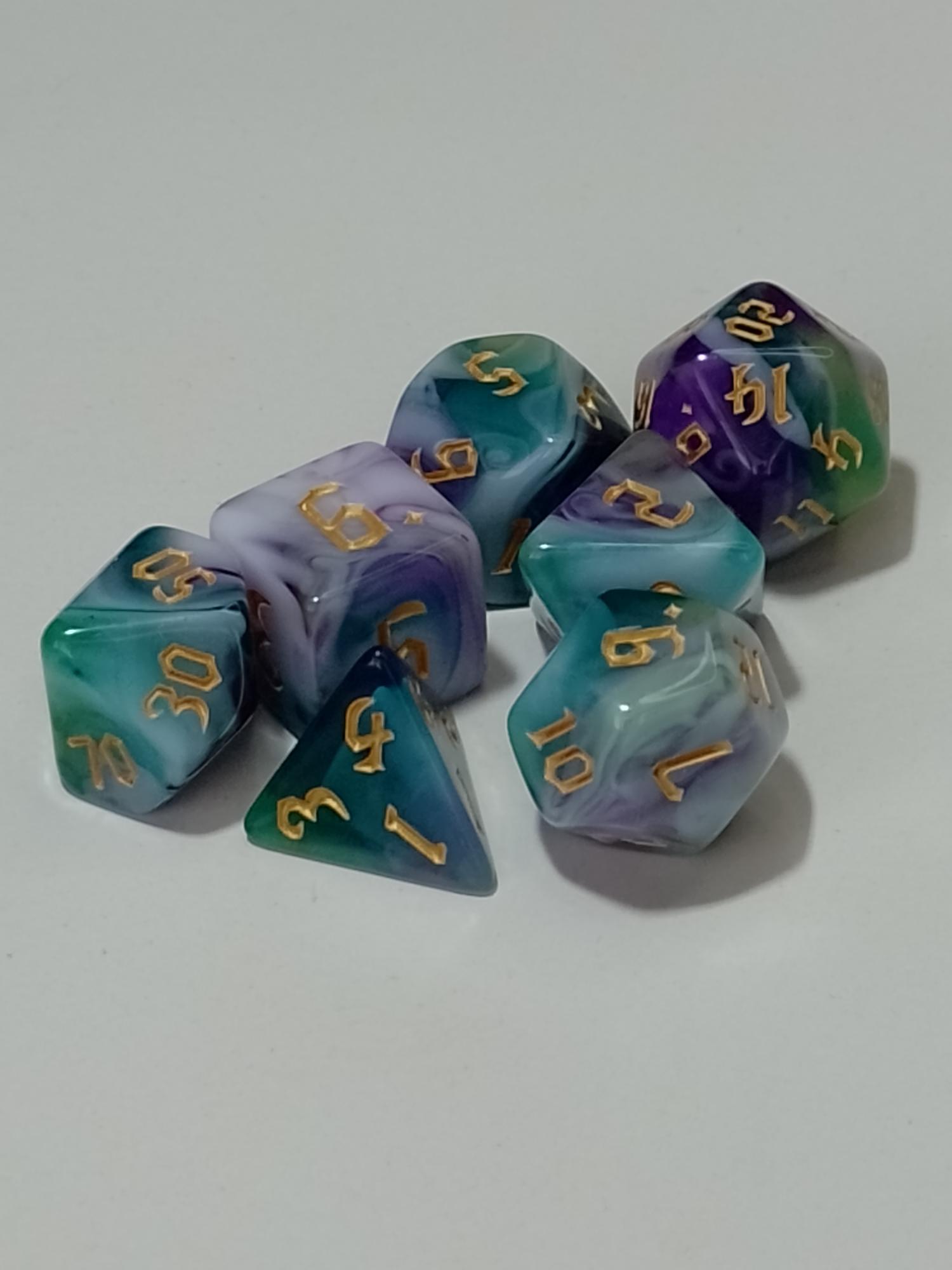  RPG Dice set (7) gemarmerd in wit/turquoise/mint