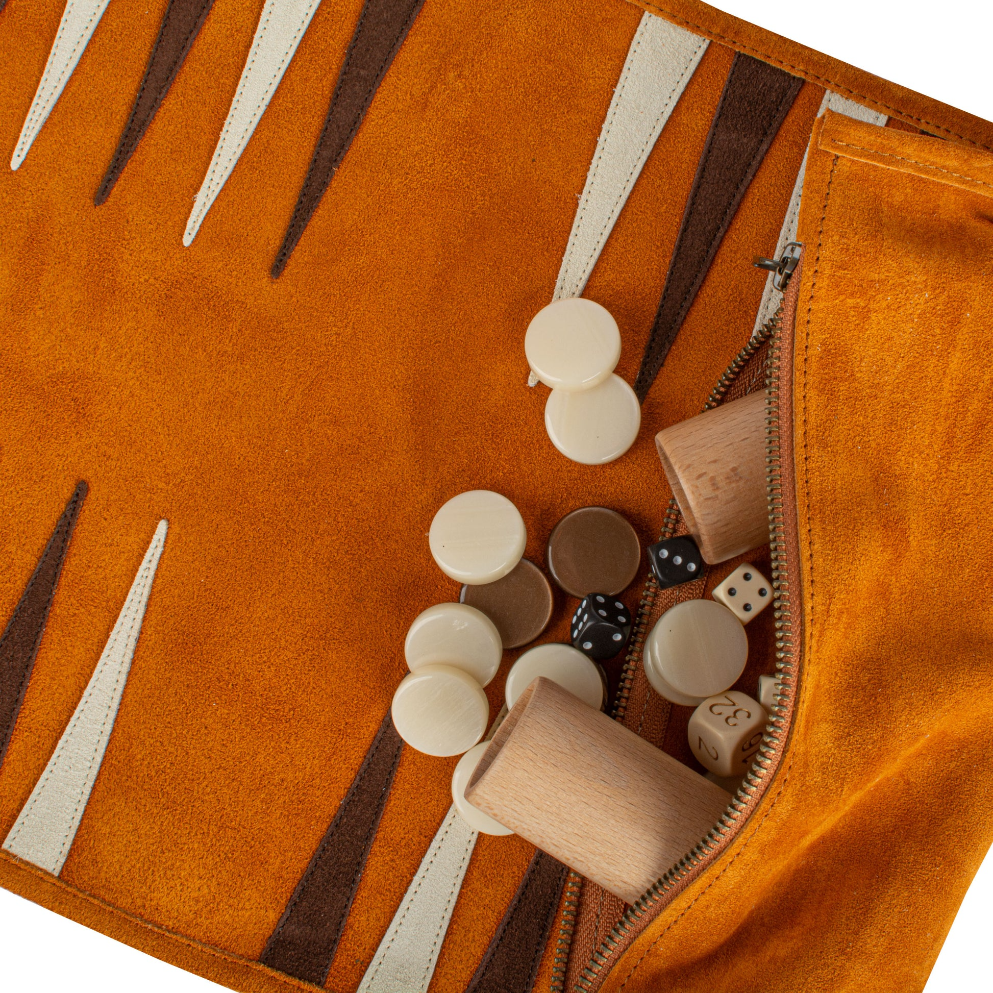Premium handgemaakte kaneelbruine suède oprolbare backgammonset