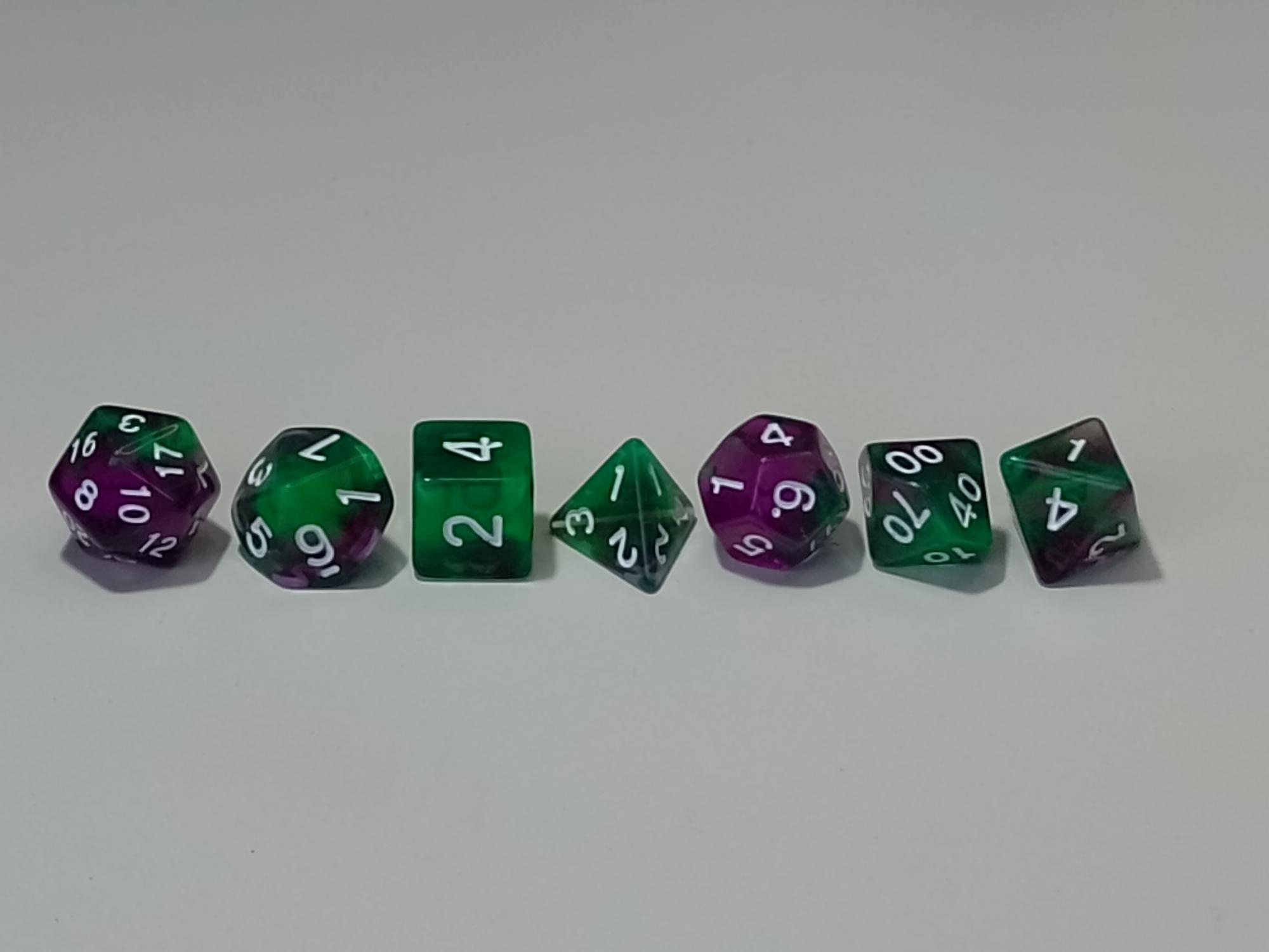 RPG Dice set (7) double transparant groen/paars