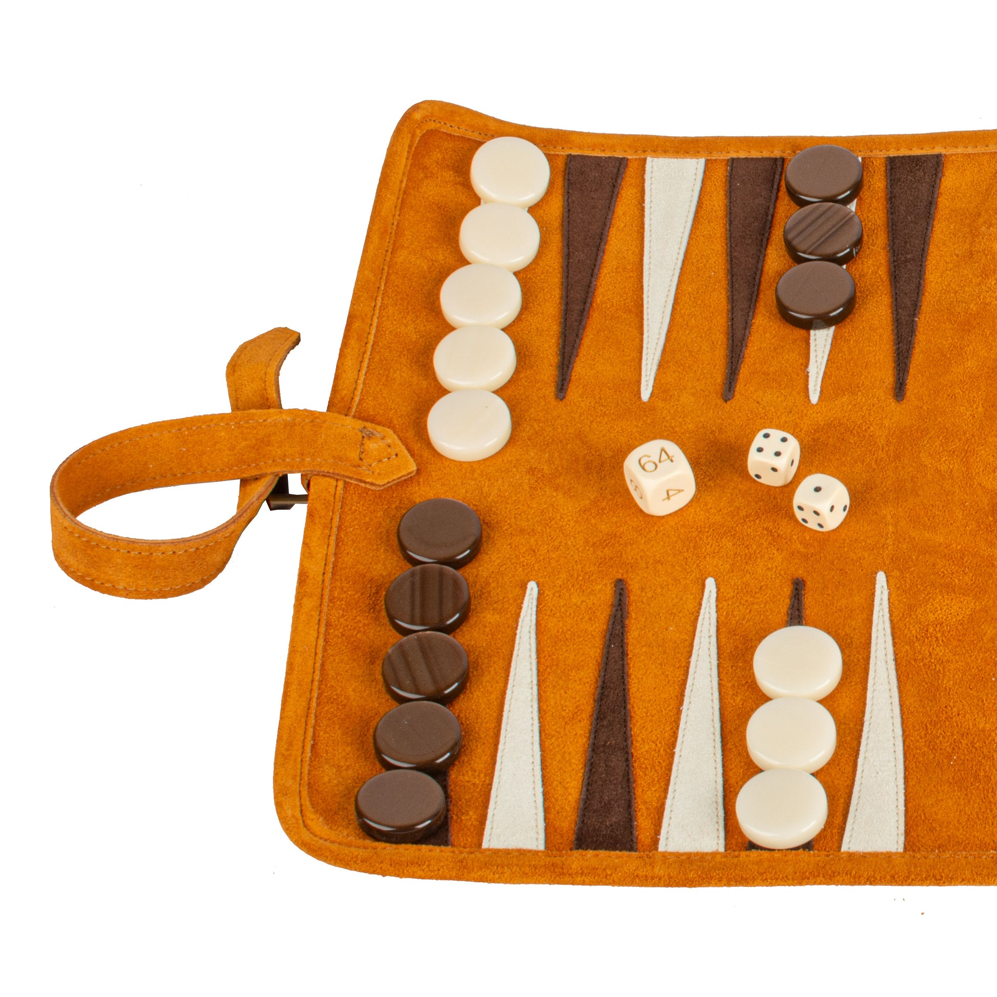Premium handgemaakte kaneelbruine suède oprolbare backgammonset