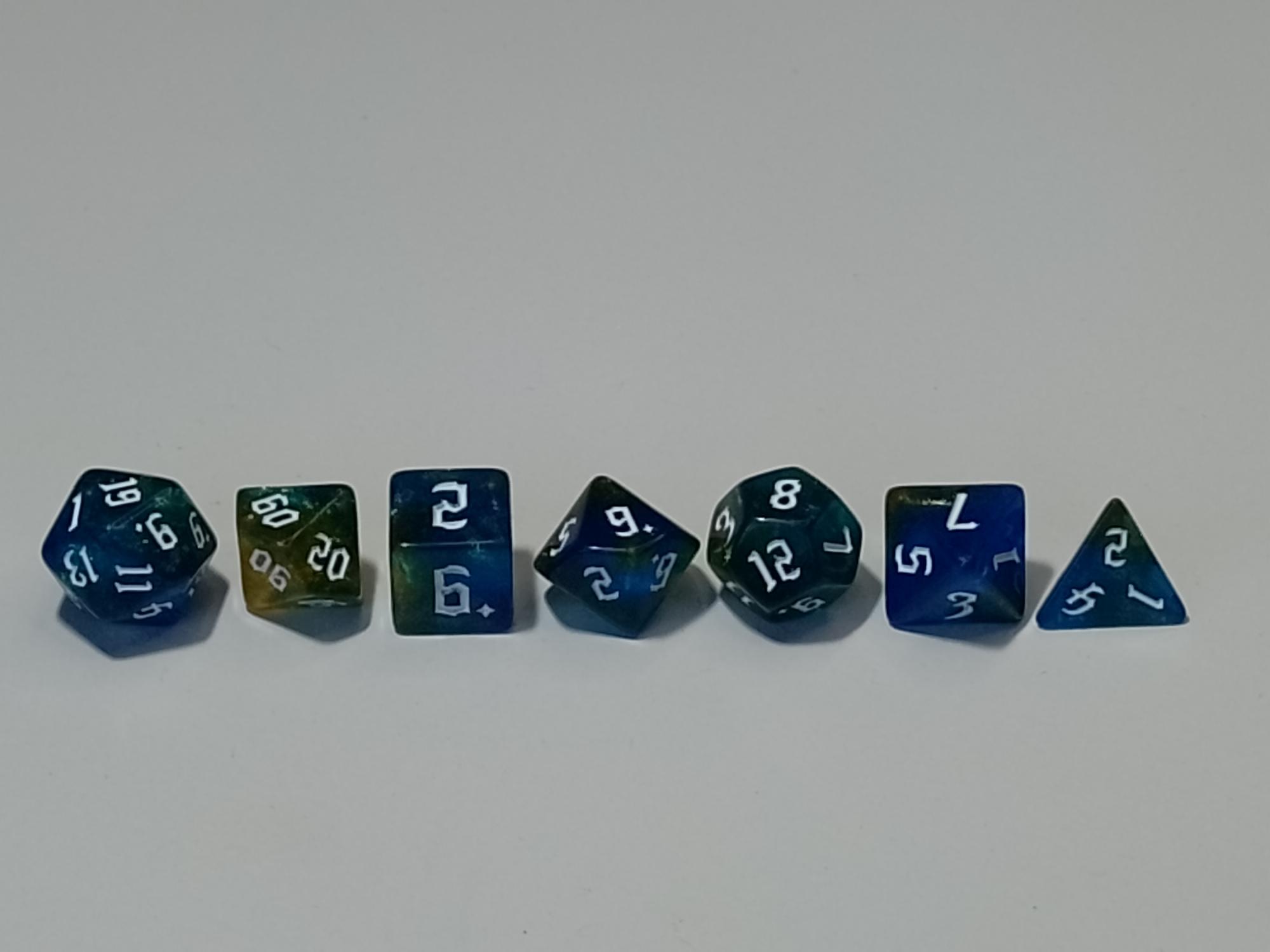 RPG Dice set (7) double color blauw goud glitter