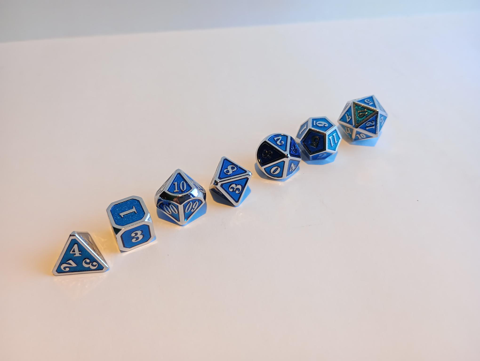 RPG Dice set (7) Mini Metal Blauw Zilver RPG Dice set (7) Mini Metal Blauw Zilver