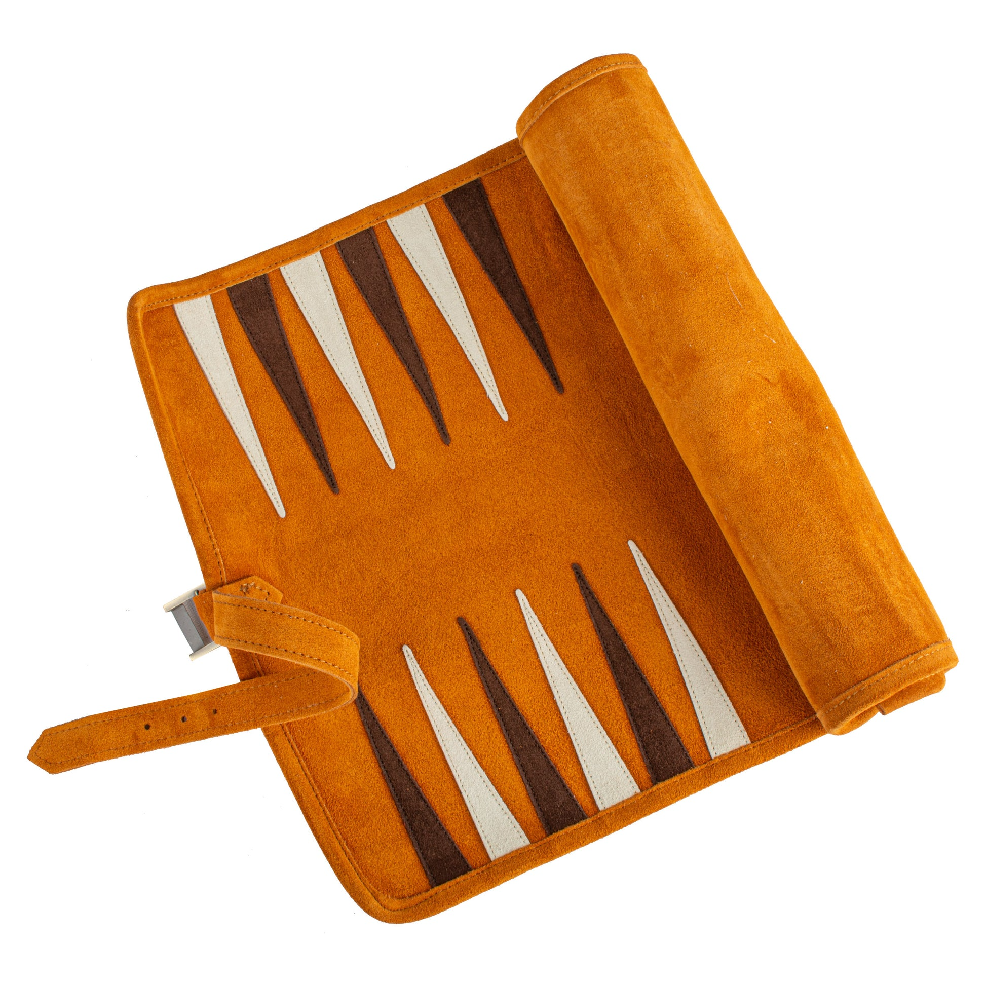 Premium handgemaakte kaneelbruine suède oprolbare backgammonset