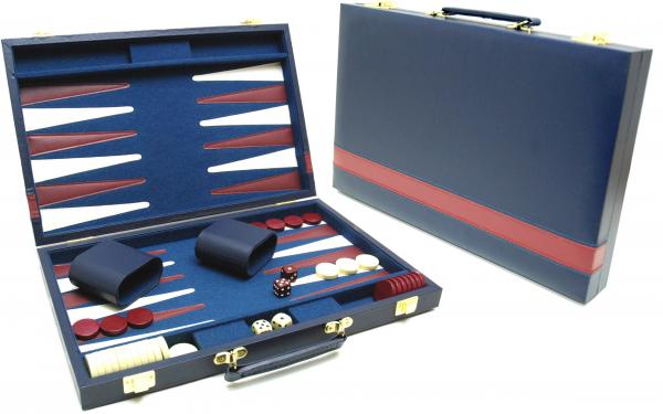Backgammonkoffer blauw met rode bies (46 cm)